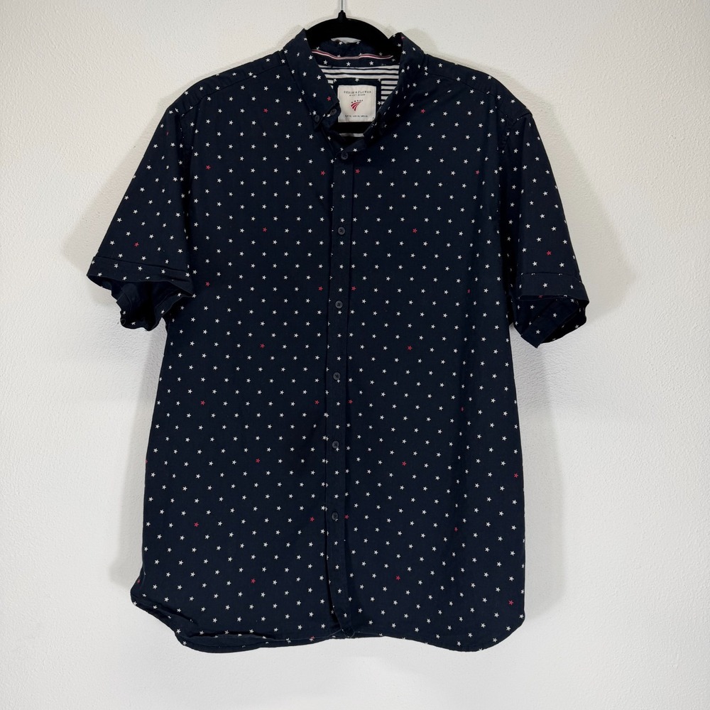 Denim & Flower Men's Patriotic Star Stretch Cotton Button Up Navy Blue Shirt XL